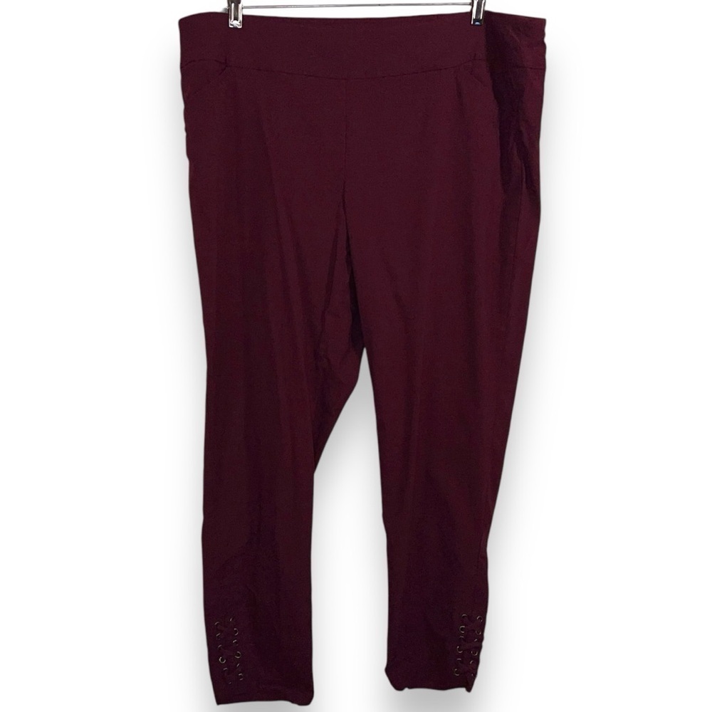 20w CJ BANKS SIGNATURE SLIMMING BURGUNDY STRETCH PANTS PLUS LACE UP ACCENT